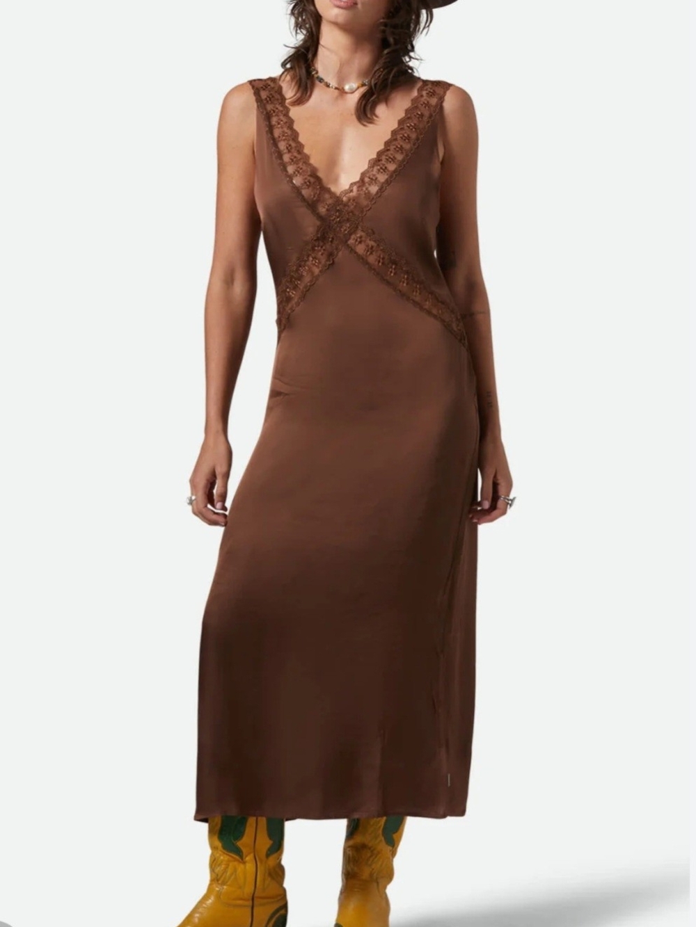 Brixton The Ridge Satin Lace V-Neck Midi Slipdress in Pinecone Brown S NWT